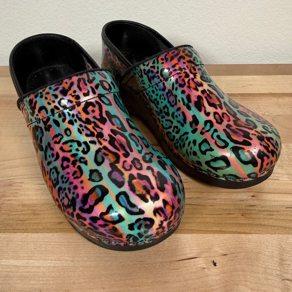 Sanita Danish Clogs Leopard Rainbow Patent Slip On Shoes EU 36 US 5.5 - 6